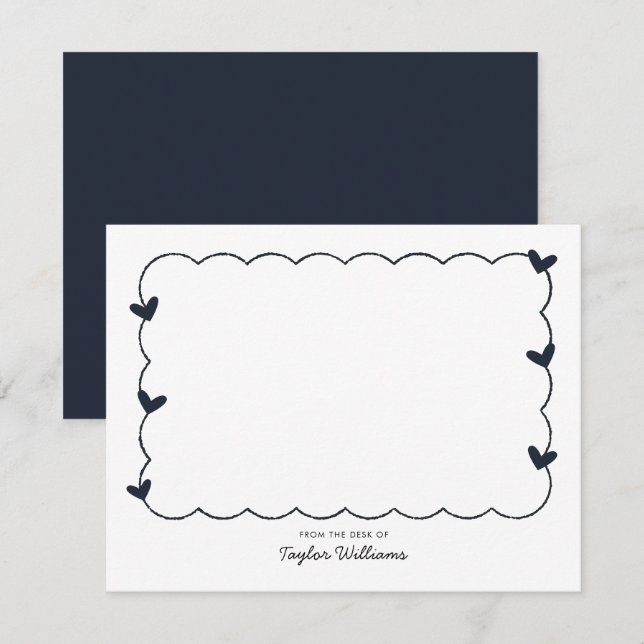 Carte De Correspondance Papeterie simple à cœur à bordure ondulée bleu mar (Devant / Derrière)