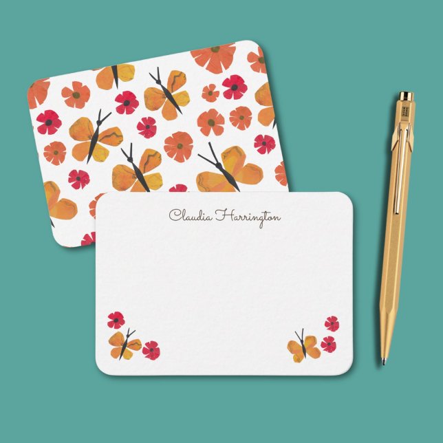 Carte De Correspondance Papillon orange mignon papillons Motif (Orange butterflies and red poppies, my original art, make these retro note cards pop! )