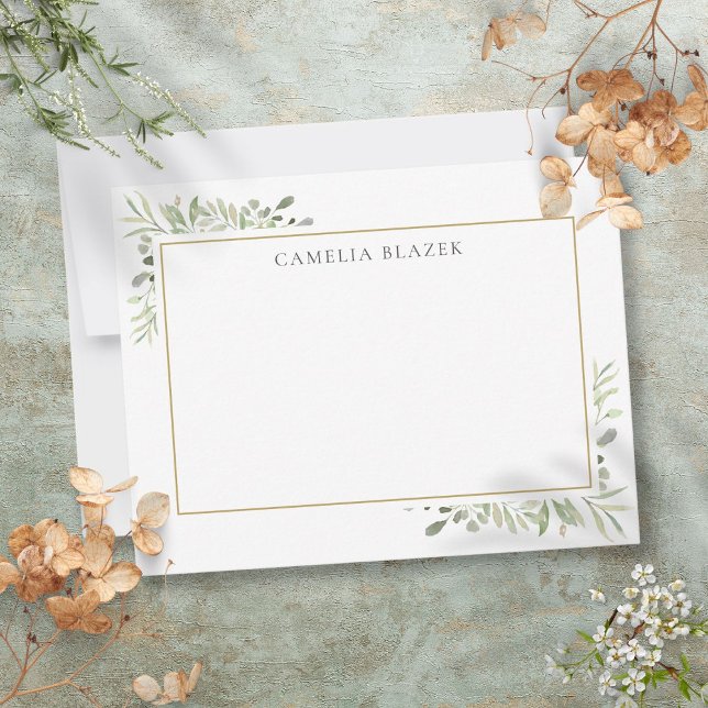 Carte De Correspondance Personnalisé Simple Elégant Aquarelle Verdure (Personalized Simple Elegant Watercolor Greenery Note Card)