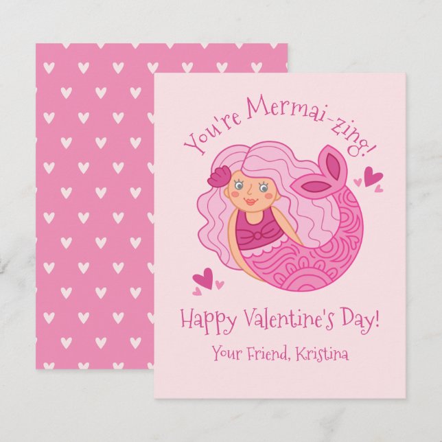 Carte De Correspondance Petites filles roses Valentine Mermaid (Devant / Derrière)