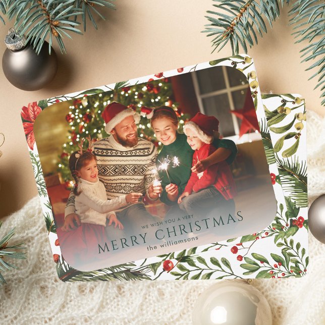 Carte De Correspondance Photo de Noël Aquarelle Fête Florale (Christmas Photo Watercolor Floral Holiday Note Card)