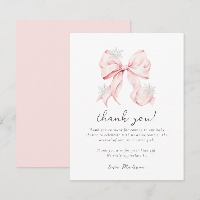 Carte De Correspondance Pink Bow Winter Snowflake Baby Shower (Devant / Derrière)