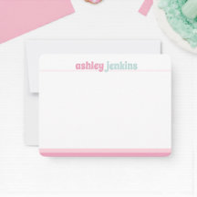 Pink & Mint Modern Name Note Card, Minimalist