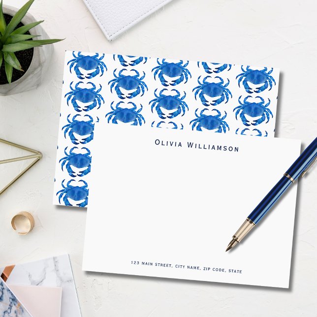 Carte De Correspondance Plage côtière du crabe bleu (Blue coastal crab, crustacean illustrated notecard. Personalize with your name & address details.)