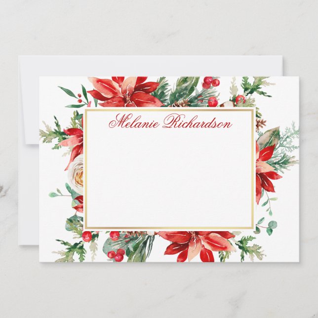 Carte De Correspondance Poinsettia Aquarelle Rouge Feuillage Doré (Devant)