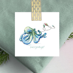 Carte De Correspondance Poulpe bleu Beachy Mini Noël Aquarelle 