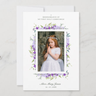Carte De Correspondance Première communion Purple Botanique Cadre photo