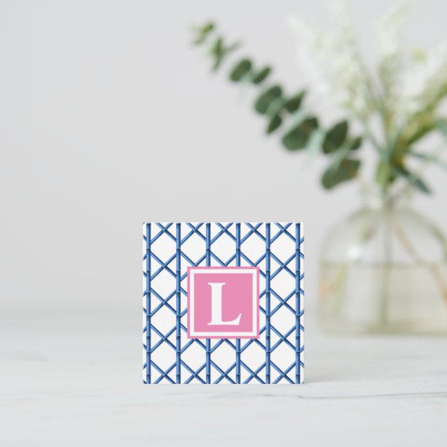 Carte De Correspondance Preppy Blue Trellis Bamboo Motif Monogramme (Debout devant)