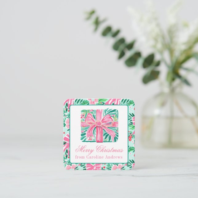 Carte De Correspondance Preppy rose & vert Noël Présente Enceinte (Debout devant)