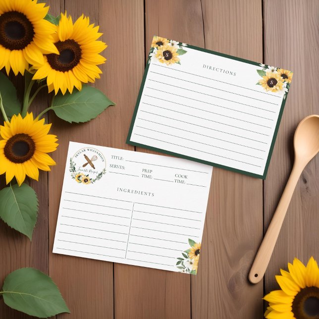 Carte De Correspondance Recette de tournesol jaune en bois (Wooden Rolling Pin & Whisk Yellow Sunflower Recipe Note Card)