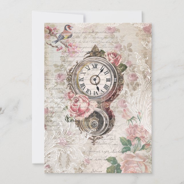 Carte De Correspondance Romantic French Roses, Clock & Filigree Collage (Devant)