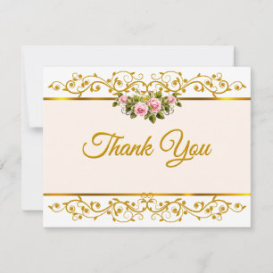 Carte De Correspondance Rose Florale Rose Élégante et Or "Merci"