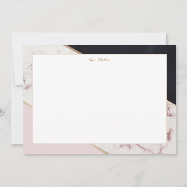 Carte De Correspondance rose marbre élégant monogramme géométrique (Devant)