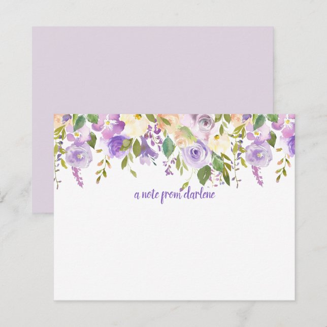 Carte De Correspondance Roses d'aquarelle violet et lavande | (Devant / Derrière)
