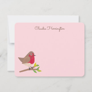 Carte De Correspondance Rouge Rétro Robin Illustration Main Pastel Rose