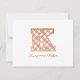 Carte De Correspondance Rustique & Preppy "K" En vichy rose sur Wood Girly