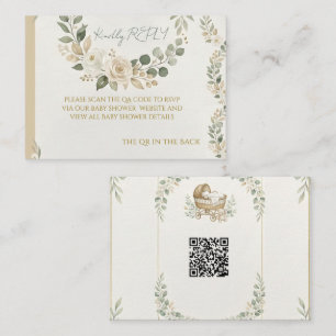 Carte De Correspondance Sage Vert & Floral Ivoire Code QR RSVP