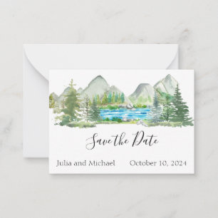 Carte De Correspondance Sauvez la date River Forest Mountain Watercolor