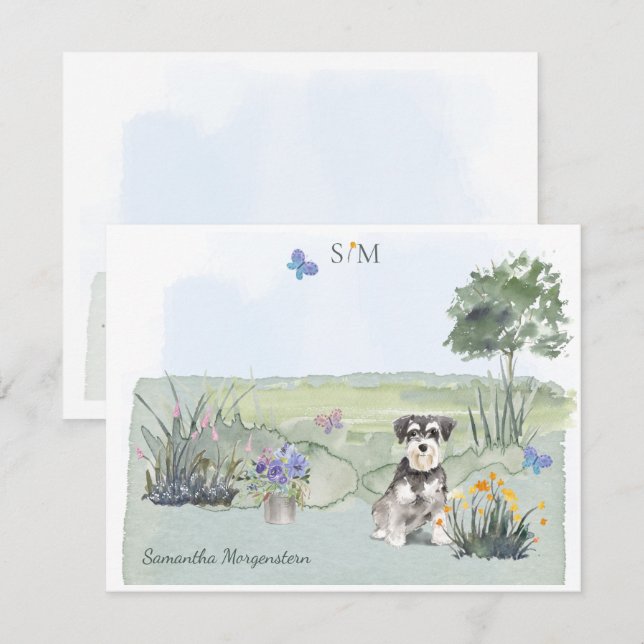 Carte De Correspondance Schnauzer Butterfly Meadow Monogramme & Nom (Devant / Derrière)