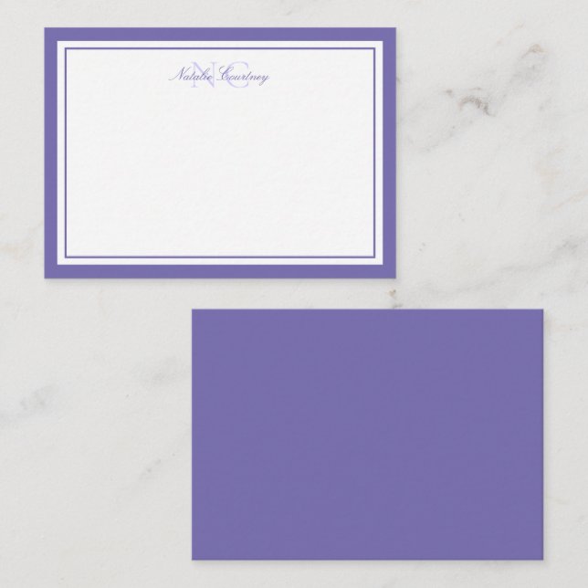 Carte De Correspondance Script minimaliste violet à deux bordures Monogram (Devant / Derrière)