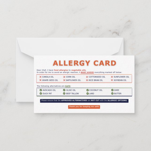 Carte De Correspondance Seed Oil Allergy Card  (Devant)