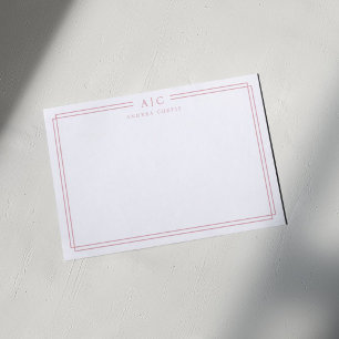 Carte De Correspondance Simple Deux Monogramme Rose Pâle Bordure Géométriq
