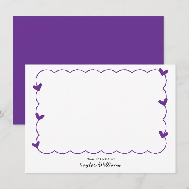Carte De Correspondance Simple Purple Wavy Border Heart Stationery (Devant / Derrière)
