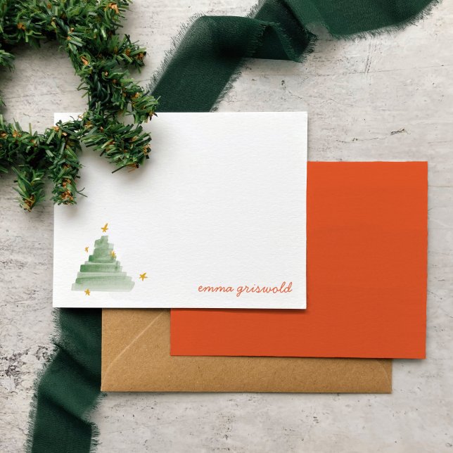 Carte De Correspondance Starlit Aquarelle Noël (Watercolor Christmas tree personalized note cards set.)