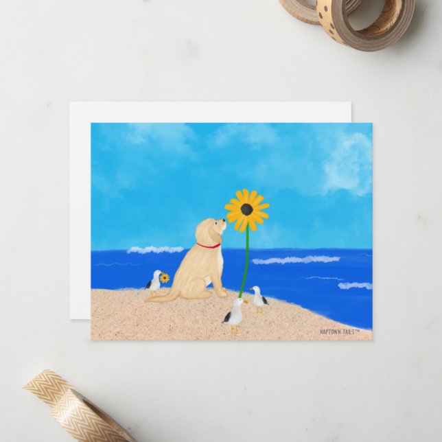 Carte De Correspondance Tournesol Golden Retriers at Beach Note Card (Devant/Arrière en situation)