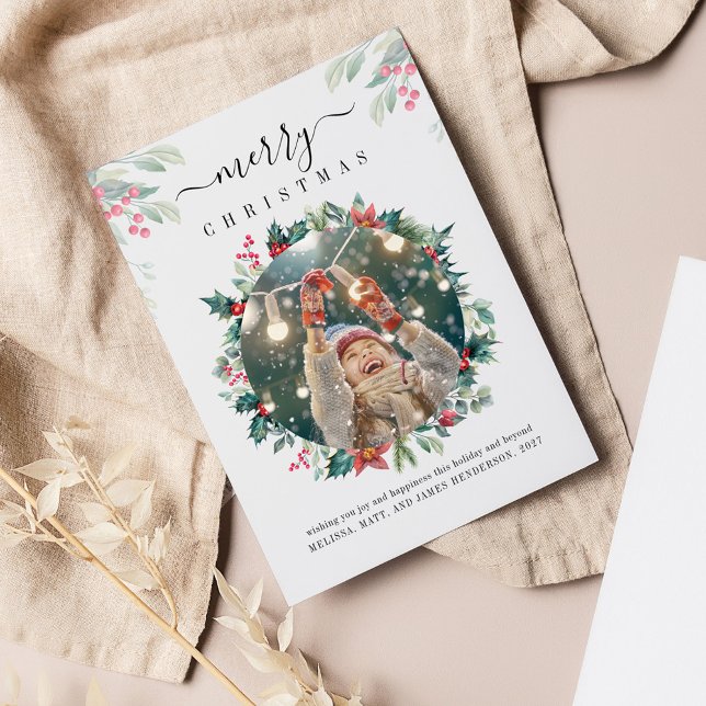 Carte De Correspondance Vacances de Noël Photo Mistletoe Botanique (Merry Christmas Red Berries Photo Greetings Card)