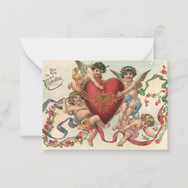 Carte De Correspondance Valentines vintages, Anges victoriens Coeur de Che (Devant)