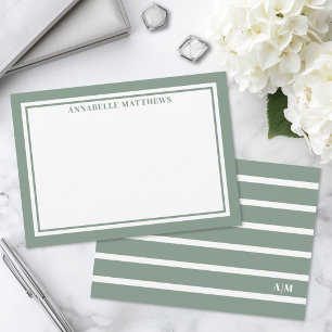 Carte De Correspondance Vert Sauge Et Monogramme Rayé Blanc