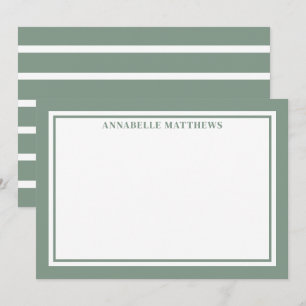 Carte De Correspondance Vert Sauge Et Monogramme Rayé Blanc