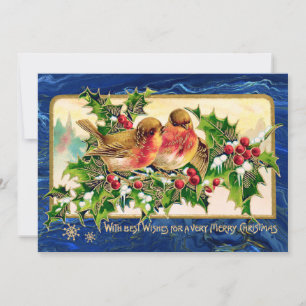 Carte De Correspondance Vintage Noël Voeux Oiseaux Holly Faux Or