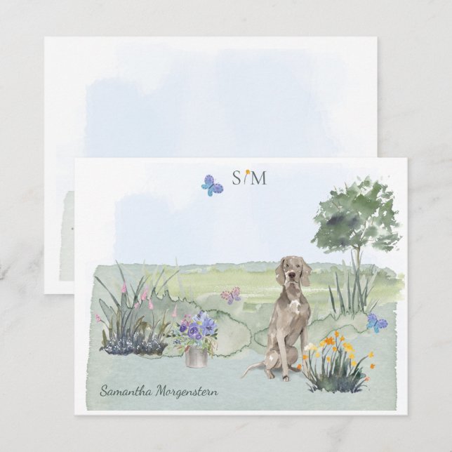 Carte De Correspondance Weimaraner Butterfly Meadow Monogramme & Nom (Devant / Derrière)