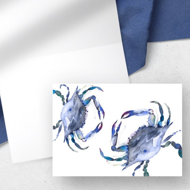 Carte de crabe bleu aquarelle blanche à l'intérieu (Watercolor crab folded notecard in shades of blue by Victoria Grigaliunas of Do Tell A Belle)