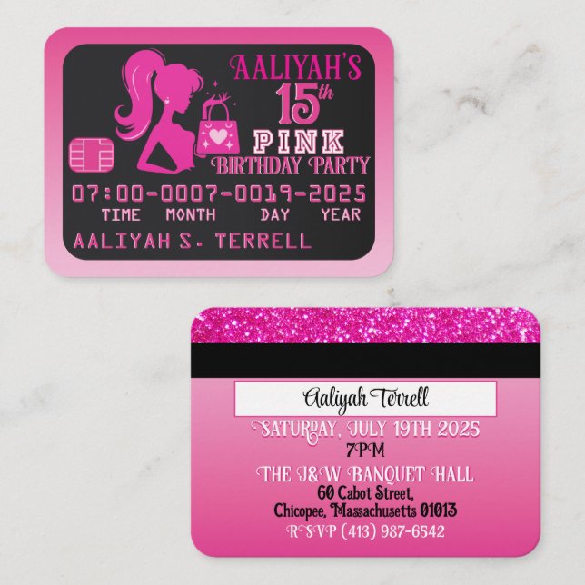 Carte de crédit Girl Rose / Black Invitations d'an (Devant / Derrière)