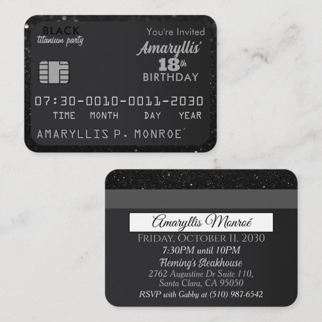 Carte de crédit Matte Black Invitations d'annivers (Devant / Derrière)