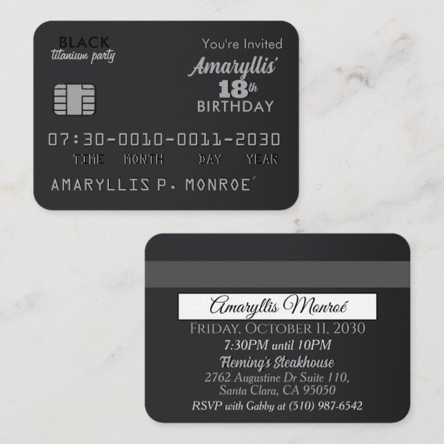 Carte de crédit Matte Black Invitations d'annivers (Devant / Derrière)