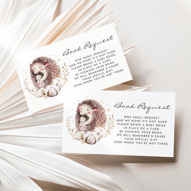 Carte de demande de livre Boho Mommy and Baby Hedg (Woodland theme baby shower book request card featuring watercolor mommy and baby hedgehog.)