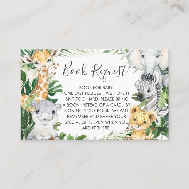 Carte de demande de livre pour Baby Shower Safari  (Devant)
