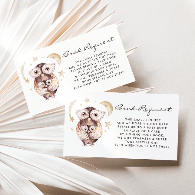 Carte de demande de réservation pour la Chouette e (Woodland theme baby shower book request card featuring watercolor mommy and baby owl.)