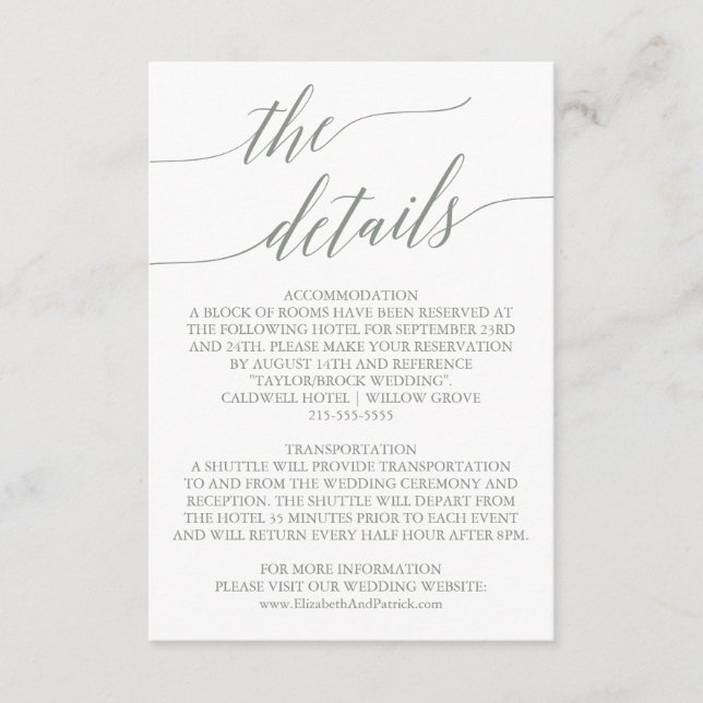 Carte de détails de calligraphie verte élégante Sa (Devant)