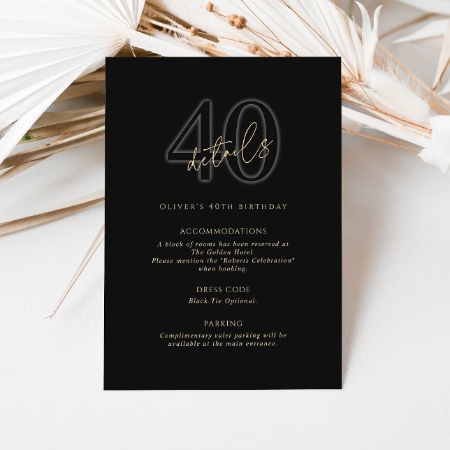 Carte de détails de la fête d'anniversaire des 40  (Modern Black Gold 40th Birthday Party Details Card)