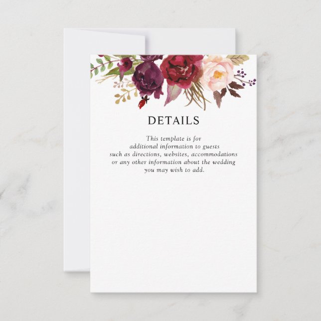 carte de détails de la mariage à fleurs bordeaux (Devant)