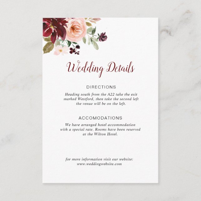 carte de détails de la mariage florale bordeaux (Devant)