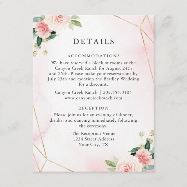 Carte de détails de l'invité géométrique rose & or (Devant)