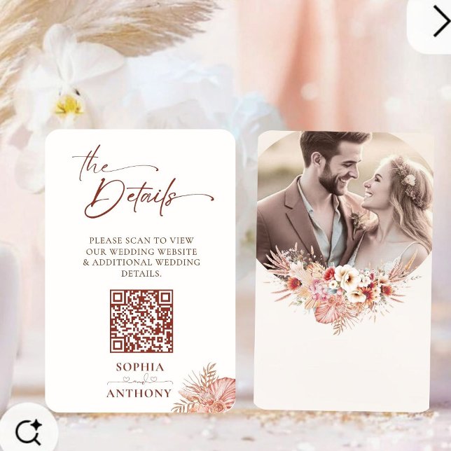 Carte de détails de mariage à code QR floral Boho  (Créateur téléchargé)