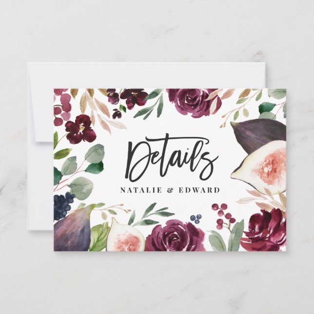 Carte de détails de mariage à fleurs rose, bordeau (Devant)