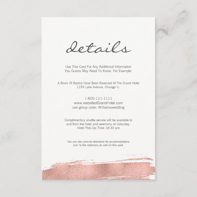 Carte de détails de mariage à pinceau en or rose m (Devant)